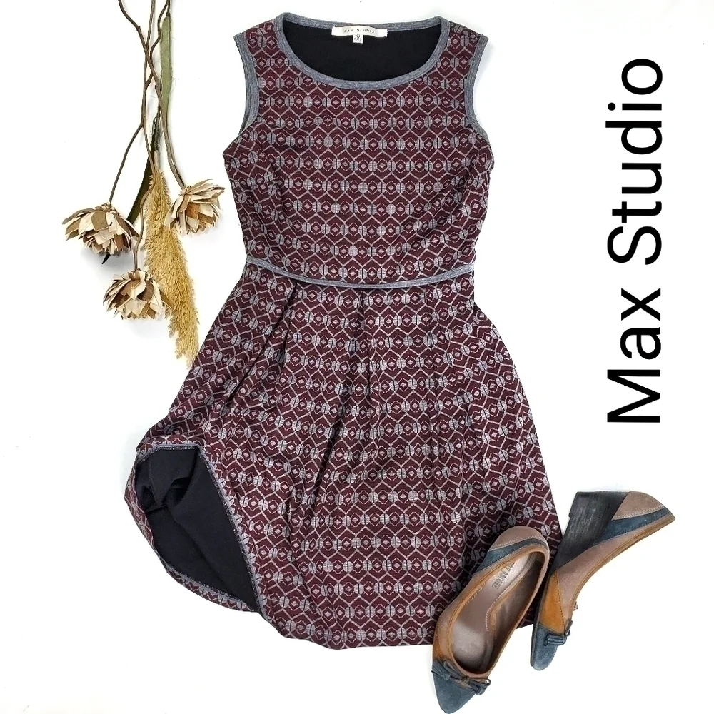 Max Studio Grey Red Flirty Fit and Flare Dress XS